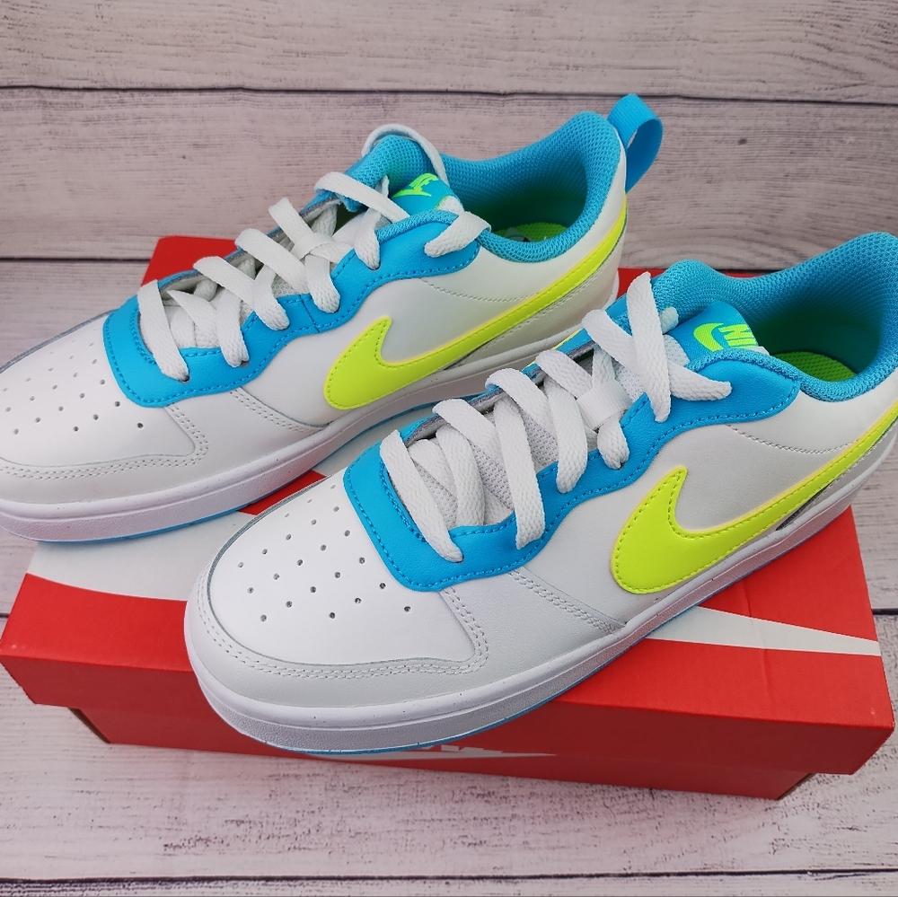 Nike Court Borough Low 2 GS Lets Dance White volt Baltic Blue Youth Sz 6.5Y